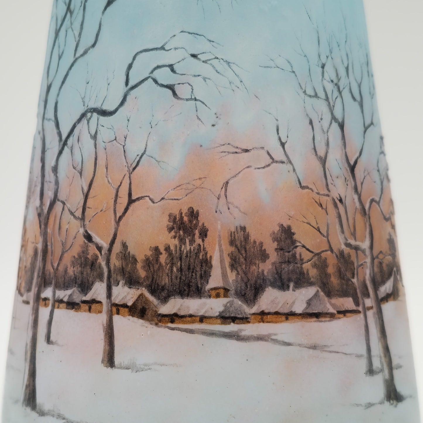 A DAUM NANCY CAMEO ENAMELLED GLASS VASE WITH DUTCH WINTER LANDSCAPE SCENE | EARLY 20TH CENTURY