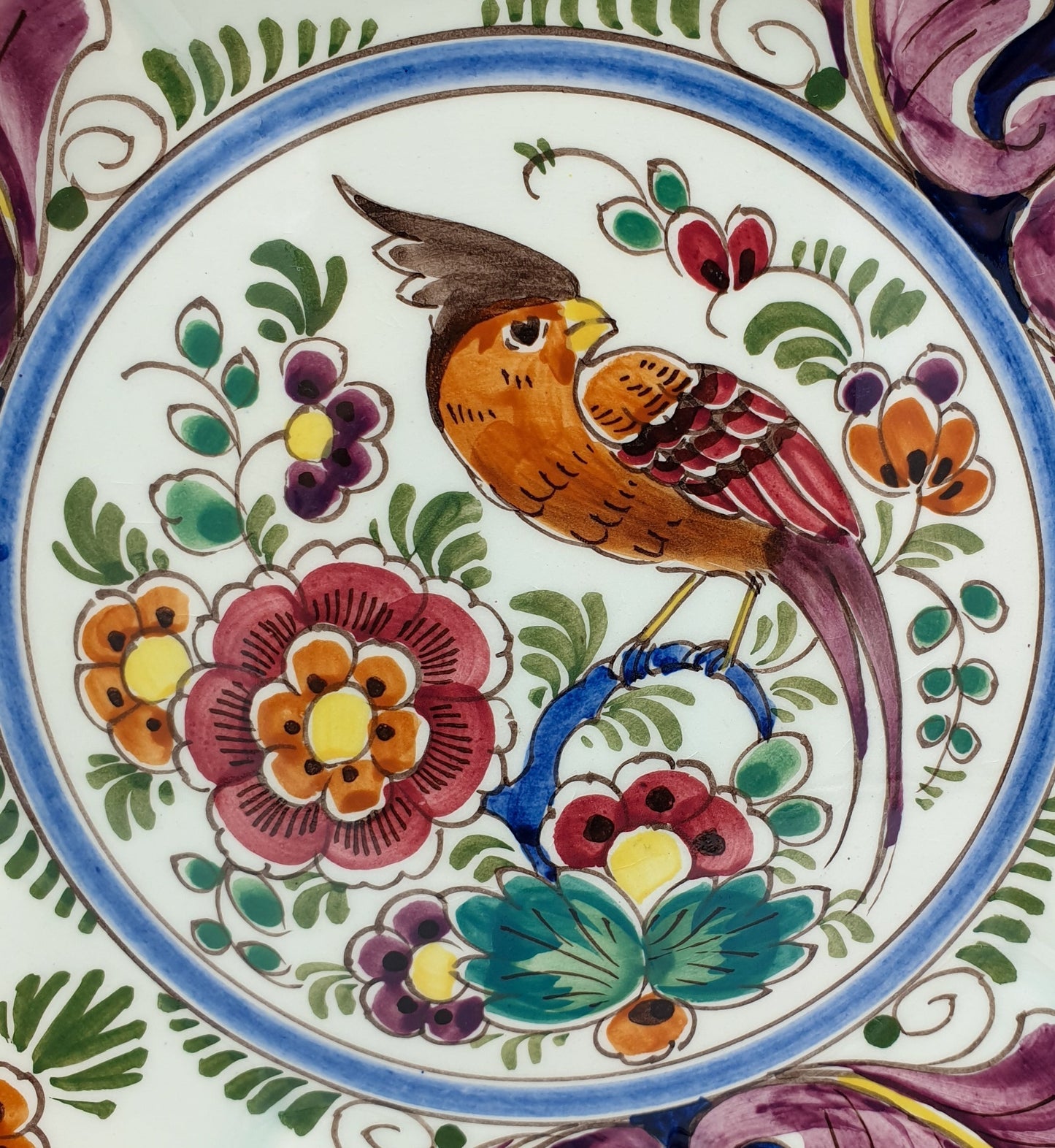 VELSEN SASSENHEIM Delfts Polychrome Large Bird Floral Decor Ceramic Fruit Bowl / Dish Mollaris.com