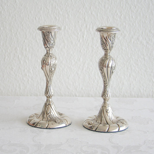 A pair of HUGO GRÜN Romantic Rococo Style Roses Flowers Leaves Solid Silver (830S) Candlesticks Mollaris.com