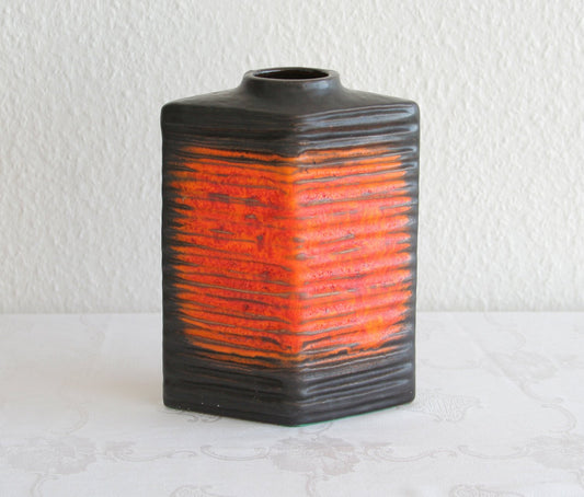 CARSTENS Ribbed Orange and Black Glazed Fat Lava Ceramic Vase Mollaris.com