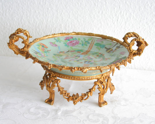 Chinese 19thC Famille Rose Celadon Ground Dish (probably Tongzhi period) in French Ormolu Gilt Bronze Mounts Mollaris.com 