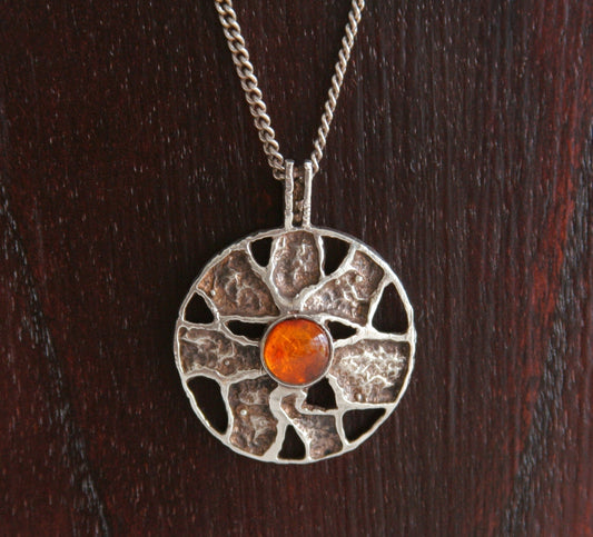 HERMANN SIERSBØL Modernist Amber Cabochon Solid Sterling Silver Necklace Pendant (925S) Mollaris.com 