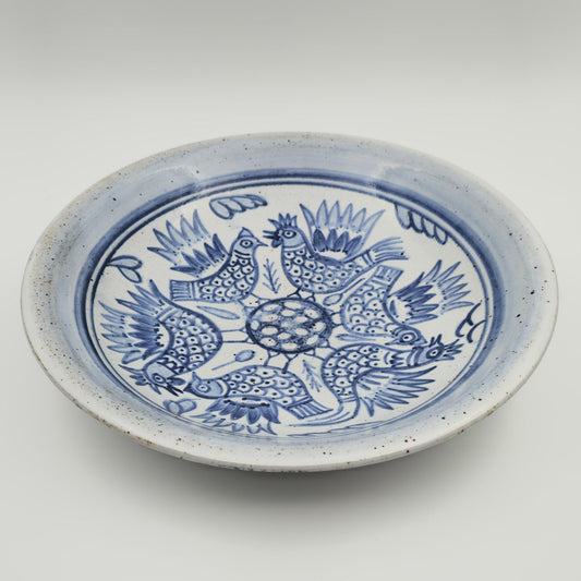 L. HJORTH Blue Roosters and Hens Decorated Stoneware Dish Mollaris.com