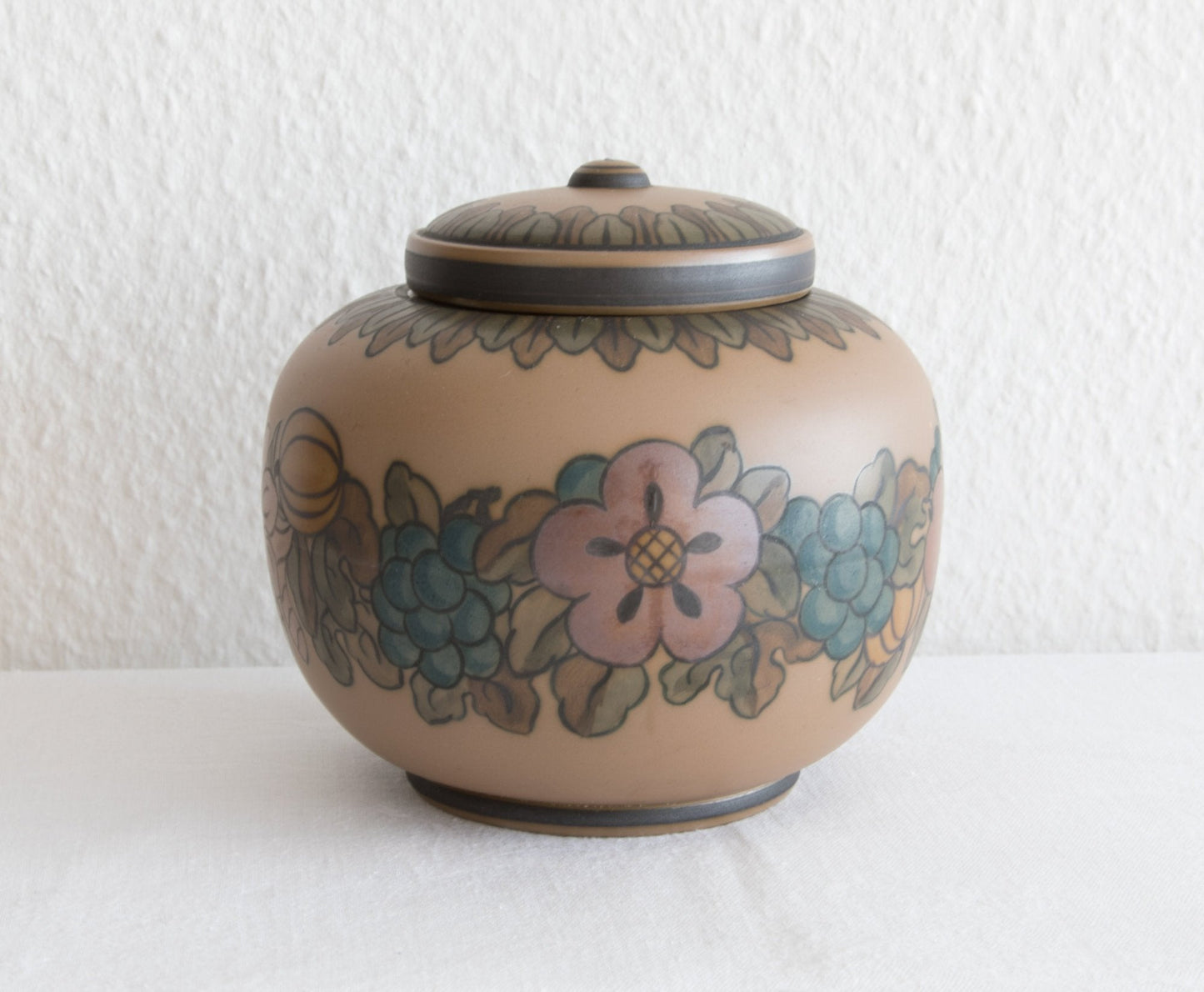 L. HJORTH Brown Lidded Flowers & Fruit Decorated Lidded Terracotta Jar Mollaris.com