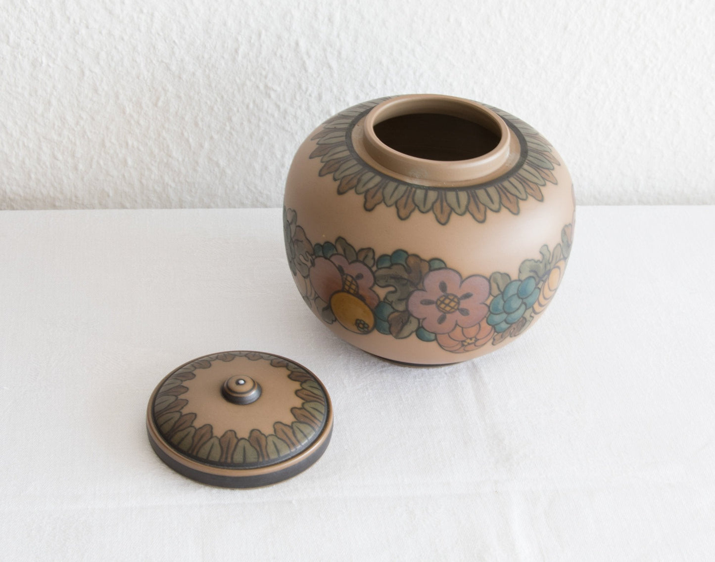 L. HJORTH Brown Lidded Flowers & Fruit Decorated Lidded Terracotta Jar Mollaris.com