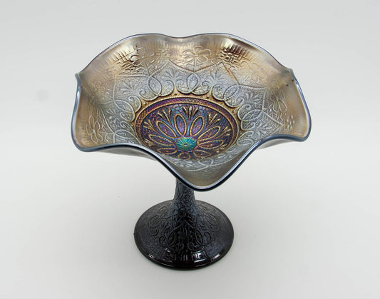 NORTHWOOD Carnival Glass Dark Amethyst Purple HEARTS and FLOWERS Compote Mollaris.com