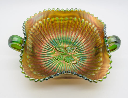 NORTHWOOD Carnival Glass Green BUTTERFLY Bonbon Card Tray Threaded Back Mollaris.com