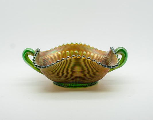 NORTHWOOD Carnival Glass Green BUTTERFLY Bonbon Card Tray Threaded Back Mollaris.com