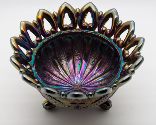NORTHWOOD Carnival Glass Purple Amethyst WILD ROSE Three-footed Nut Bowl Mollaris.com