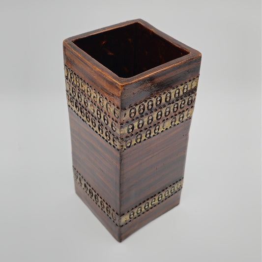 Bitossi ALDO LONDI Brown Square 2-dots Sgrafitto Decorated Ceramic Vase