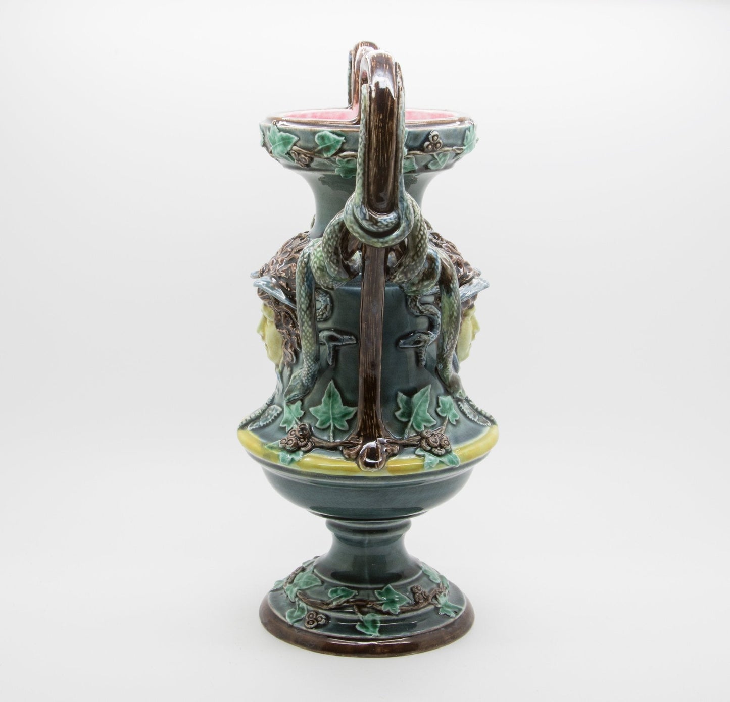 RÖRSTRAND Antique Medusa Snakes Floral Vines Ivy Foliage Gorgon Majolica Sculpturel Urn Vase Mollaris.com