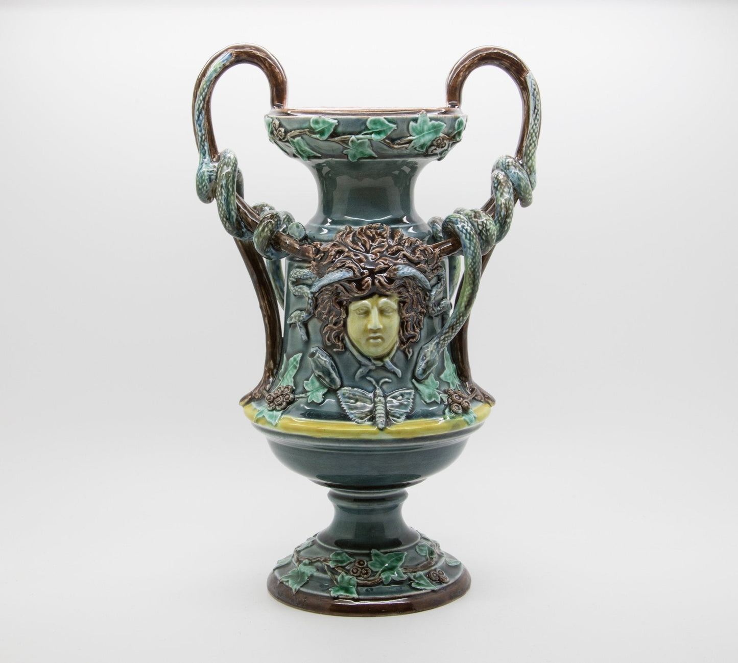RÖRSTRAND Antique Medusa Snakes Floral Vines Ivy Foliage Gorgon Majolica Sculpturel Urn Vase Mollaris.com