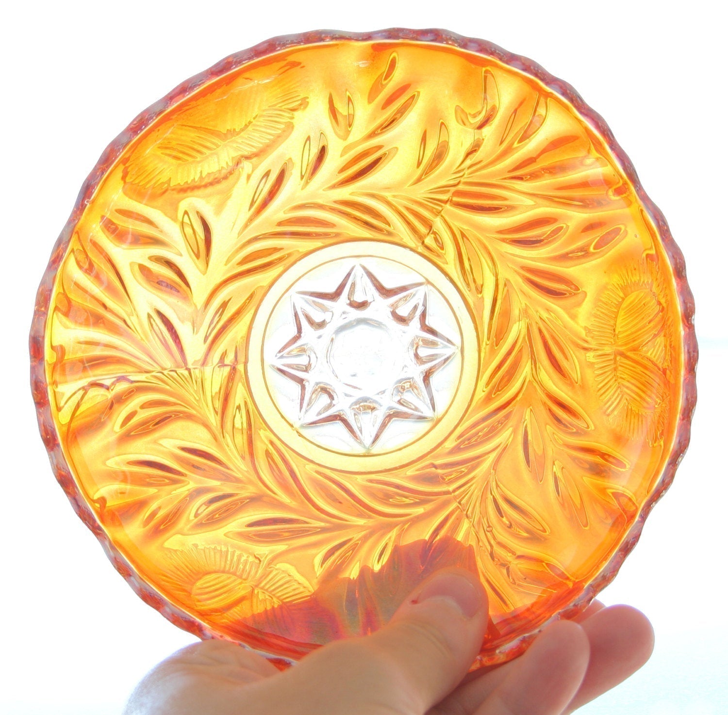 RIIHIMÄKI Carnival Glass Marigold GRAND THISTLE Small Chop Plate Mollaris.com