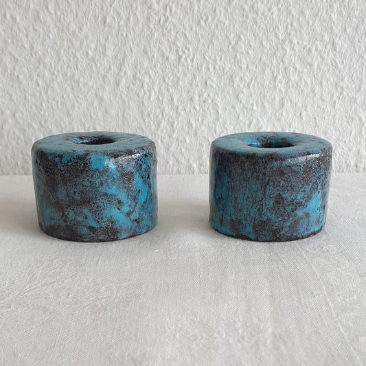 2 x ARN for Raymor Turquoise Black Glazed Studio Ceramic Candle Holders Mollaris.com 