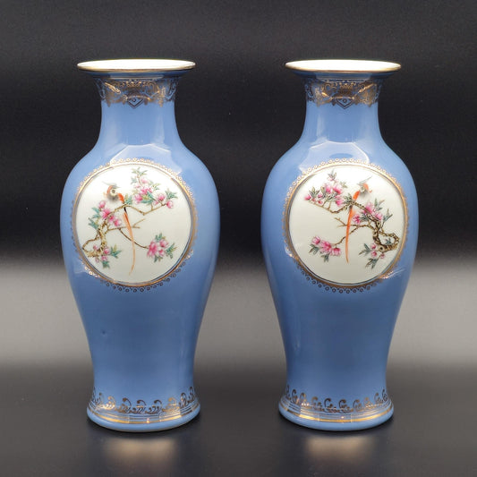 A Mirrored Pair of Chinese Famille Rose Lavender Blue-Ground 'Medallion' Vases, Republic Period Mollaris.com 