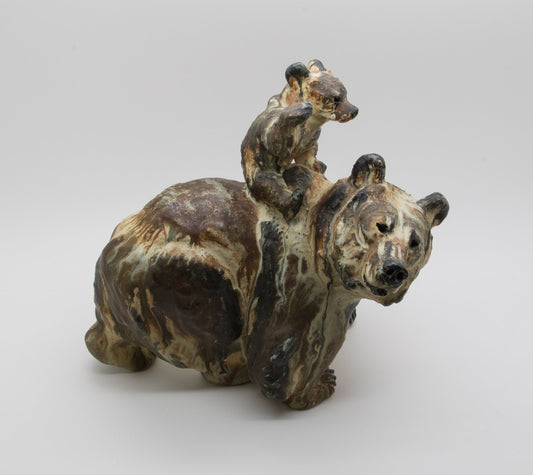 ARNE INGDAM Large Unique Brown Glazed Stoneware Bear With Cub Sculpture Mollaris.com 