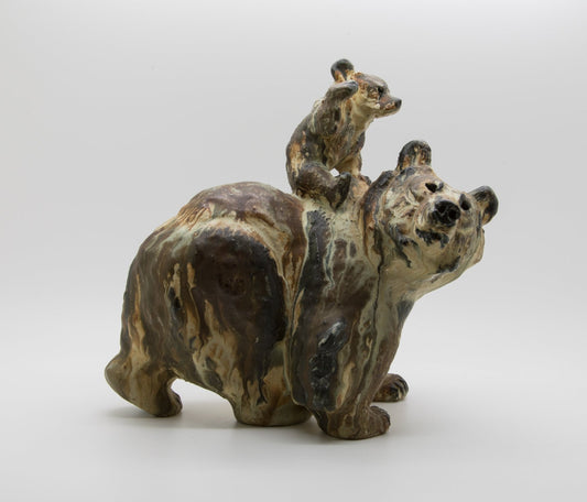 ARNE INGDAM Large Unique Brown Glazed Stoneware Bear With Cub Sculpture Mollaris.com 