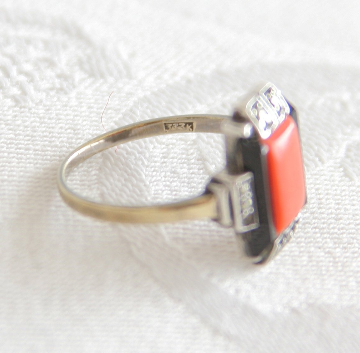 ART DECO Theodor Fahrner Style Red Coral Onyx Marcasite Solid Silver and Gold (8K) Ring Mollaris.com 