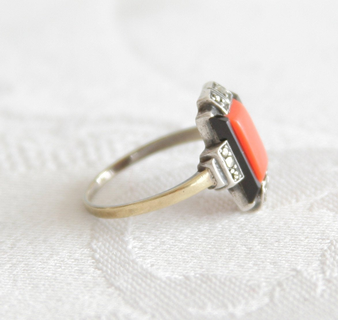 ART DECO Theodor Fahrner Style Red Coral Onyx Marcasite Solid Silver and Gold (8K) Ring Mollaris.com 