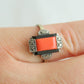 ART DECO Theodor Fahrner Style Red Coral Onyx Marcasite Solid Silver and Gold (8K) Ring Mollaris.com 