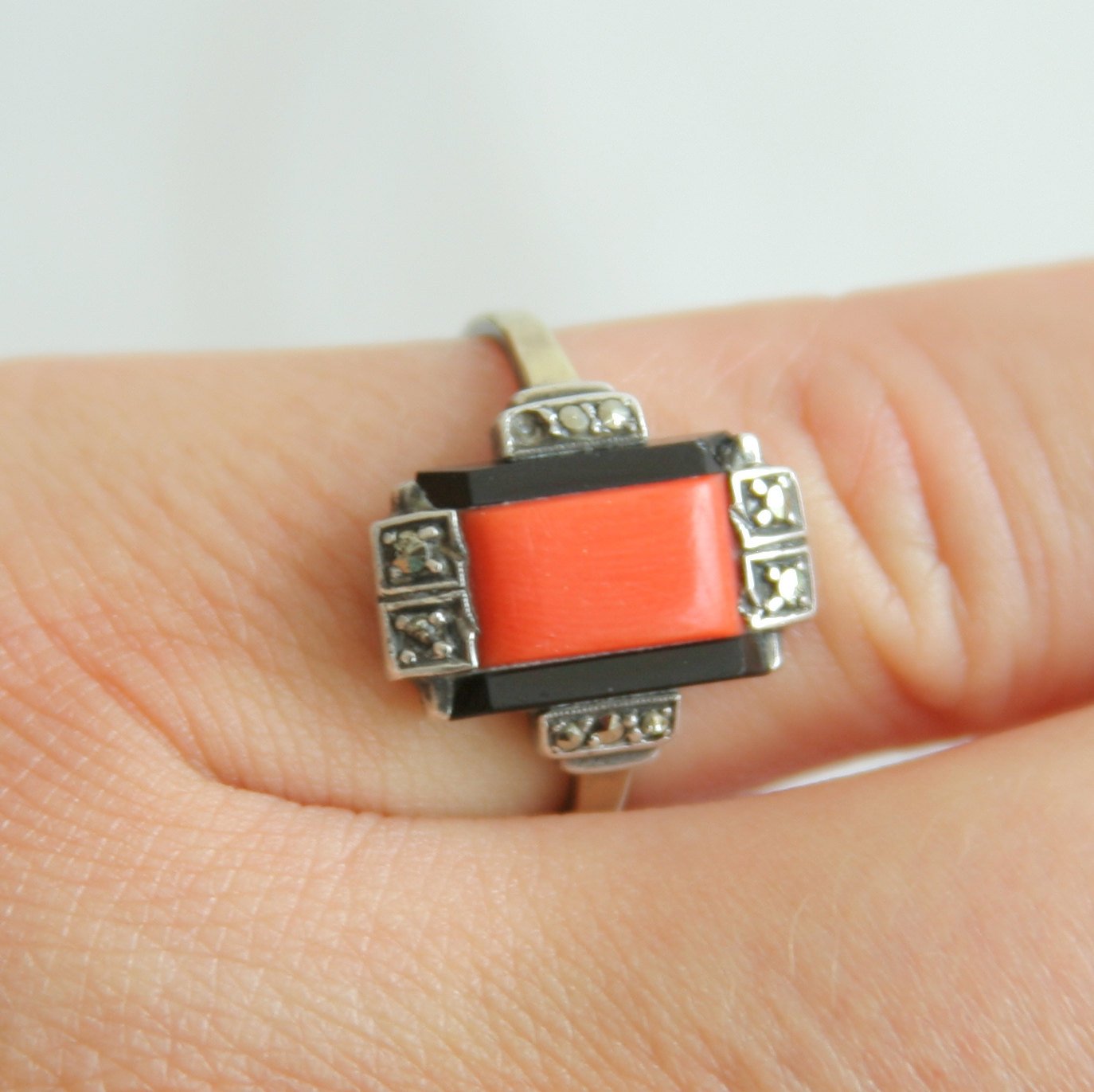 ART DECO Theodor Fahrner Style Red Coral Onyx Marcasite Solid Silver and Gold (8K) Ring Mollaris.com 