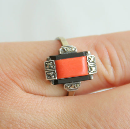 ART DECO Theodor Fahrner Style Red Coral Onyx Marcasite Solid Silver and Gold (8K) Ring Mollaris.com 