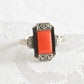 ART DECO Theodor Fahrner Style Red Coral Onyx Marcasite Solid Silver and Gold (8K) Ring Mollaris.com 