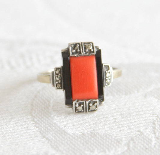 ART DECO Theodor Fahrner Style Red Coral Onyx Marcasite Solid Silver and Gold (8K) Ring Mollaris.com 