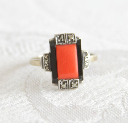 ART DECO Theodor Fahrner Style Red Coral Onyx Marcasite Solid Silver and Gold (8K) Ring Mollaris.com 