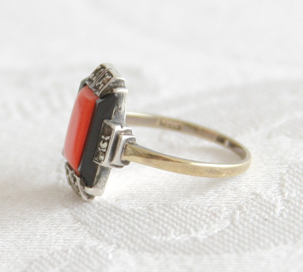ART DECO Theodor Fahrner Style Red Coral Onyx Marcasite Solid Silver and Gold (8K) Ring Mollaris.com 