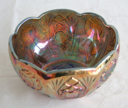 BROCKWITZ Carnival Glass Blue ROSE GARDEN Bowl Rosebowl Mollaris.com 