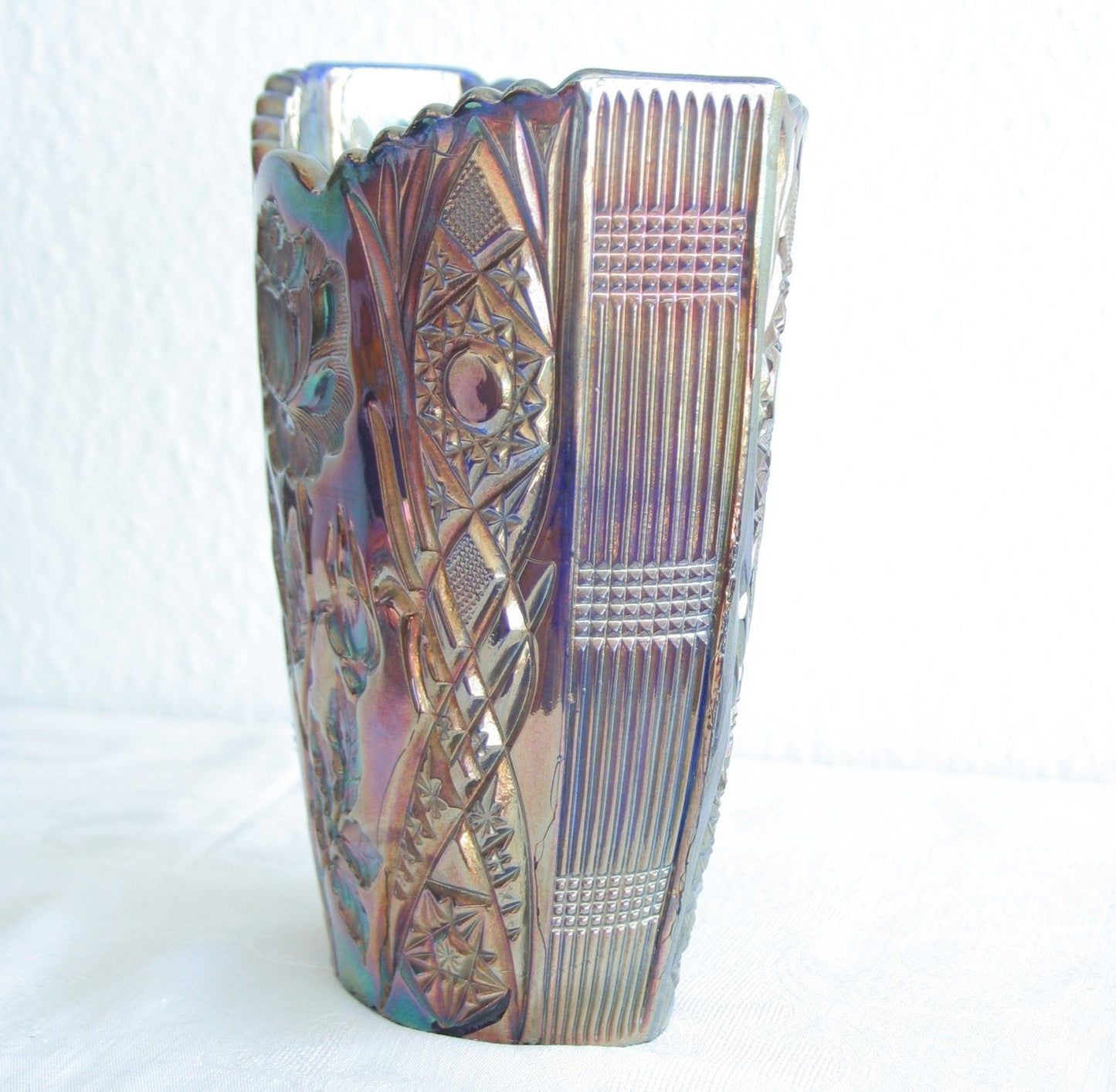 BROCKWITZ Carnival Glass Blue ROSE GARDEN Large Letter Vase Mollaris.com 