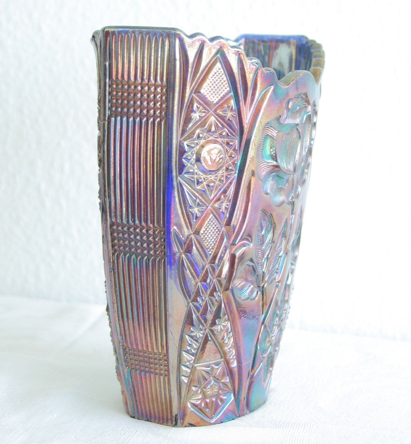 BROCKWITZ Carnival Glass Blue ROSE GARDEN Large Letter Vase Mollaris.com 