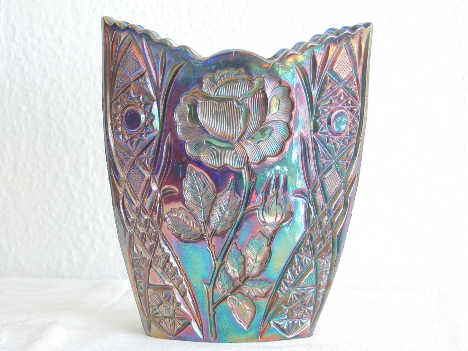 BROCKWITZ Carnival Glass Blue ROSE GARDEN Large Letter Vase Mollaris.com 