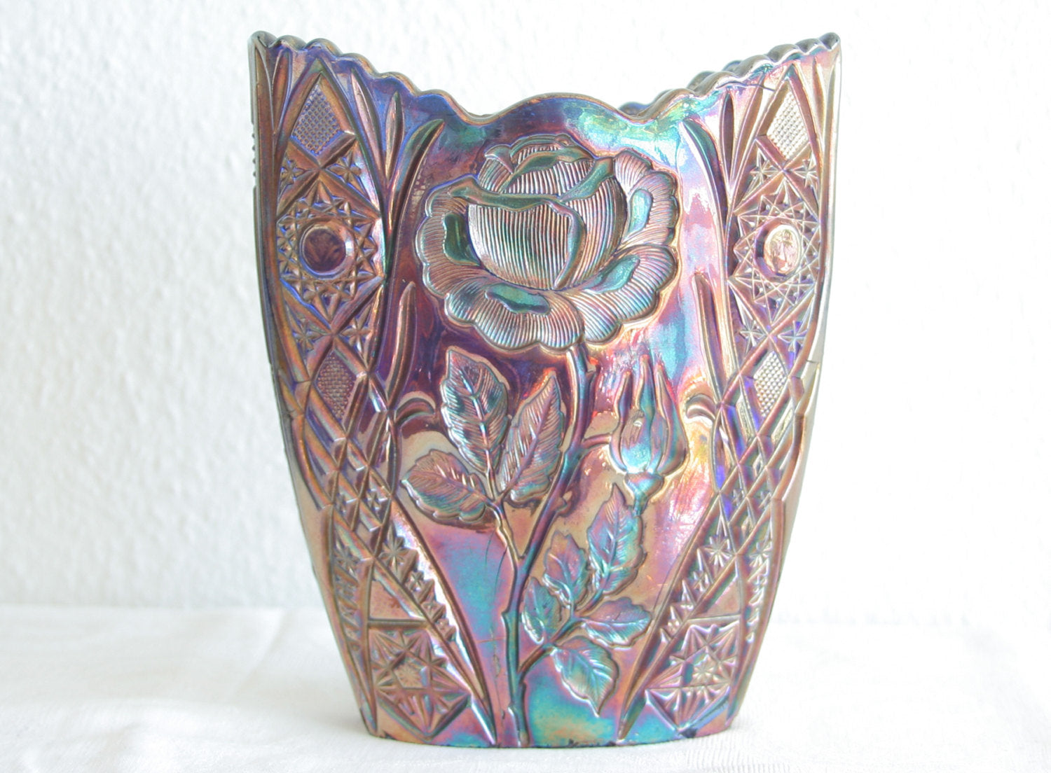 BROCKWITZ Carnival Glass Blue ROSE GARDEN Large Letter Vase Mollaris.com 
