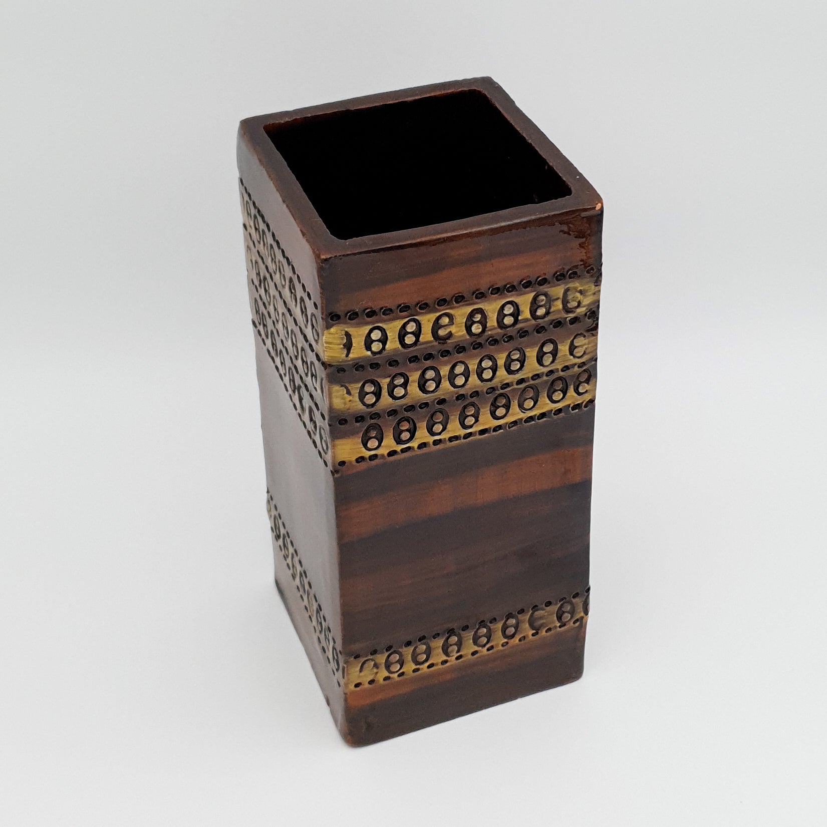 Bitossi ALDO LONDI Brown Square 2-dots Sgrafitto Decorated Ceramic Vase Mollaris.com 