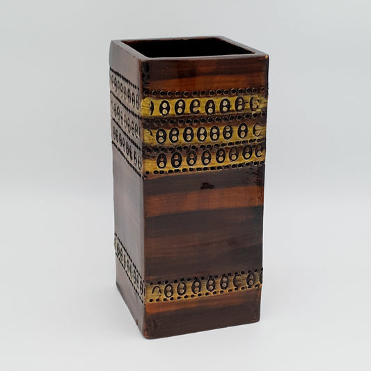 Bitossi ALDO LONDI Brown Square 2-dots Sgrafitto Decorated Ceramic Vase Mollaris.com 