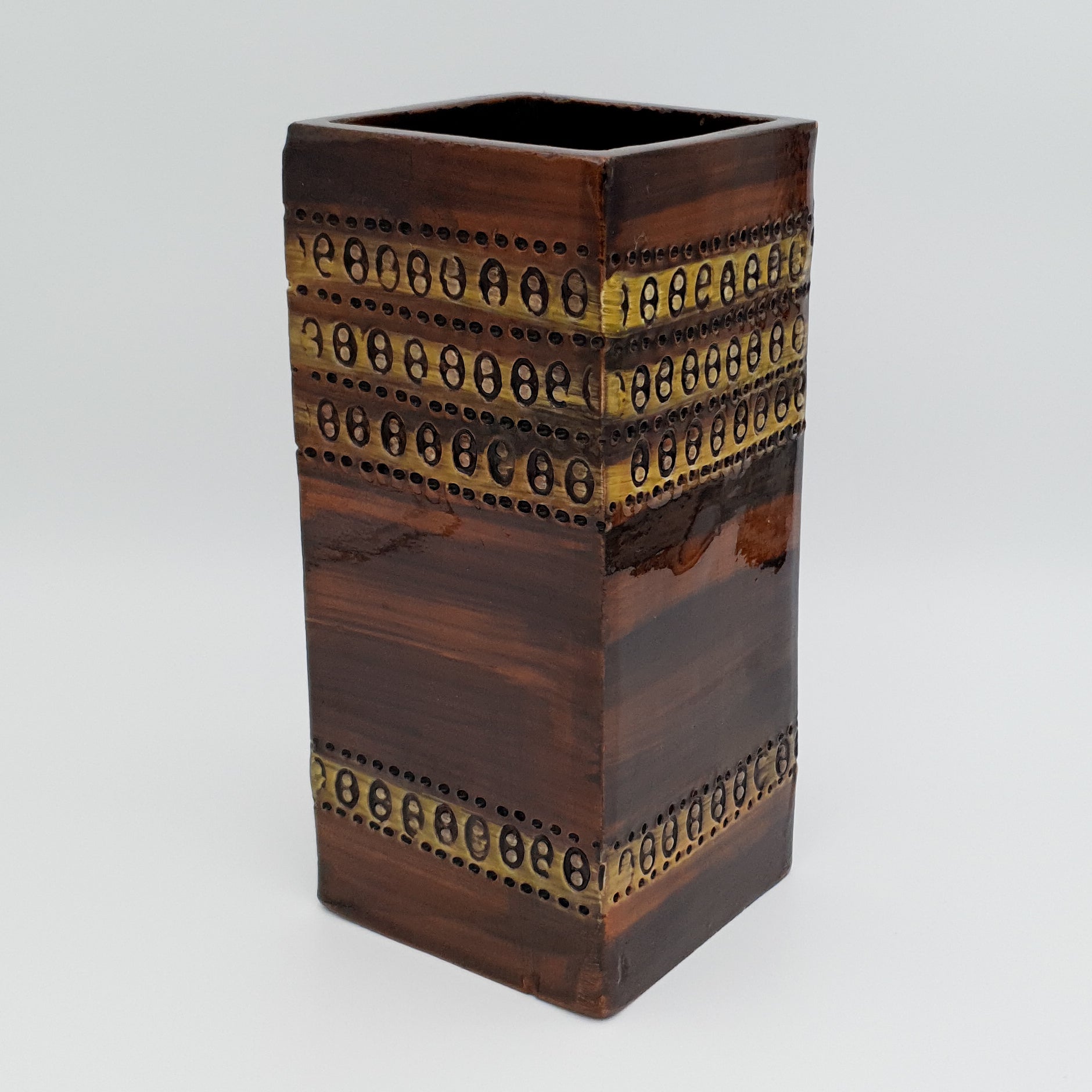 Bitossi ALDO LONDI Brown Square 2-dots Sgrafitto Decorated Ceramic Vase Mollaris.com 