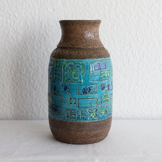 Bitossi ALDO LONDI Large Blue Flowers and Geometric Shapes Ceramic Vase Mollaris.com 