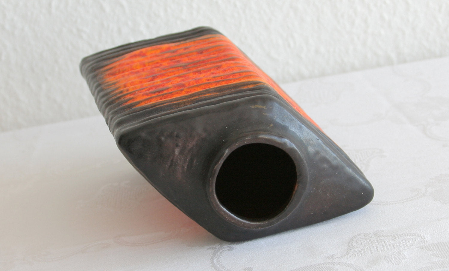 CARSTENS Ribbed Orange and Black Glazed Fat Lava Ceramic Vase Mollaris.com 