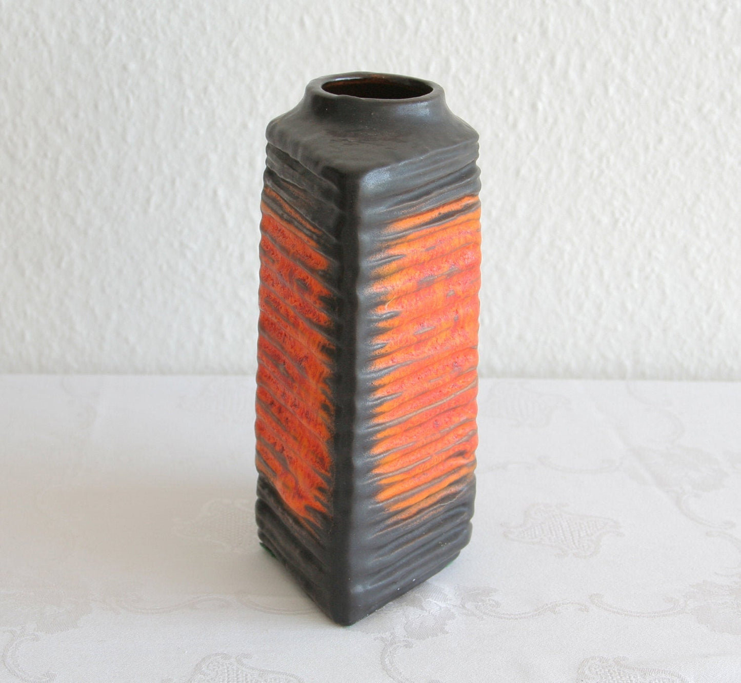 CARSTENS Ribbed Orange and Black Glazed Fat Lava Ceramic Vase Mollaris.com 