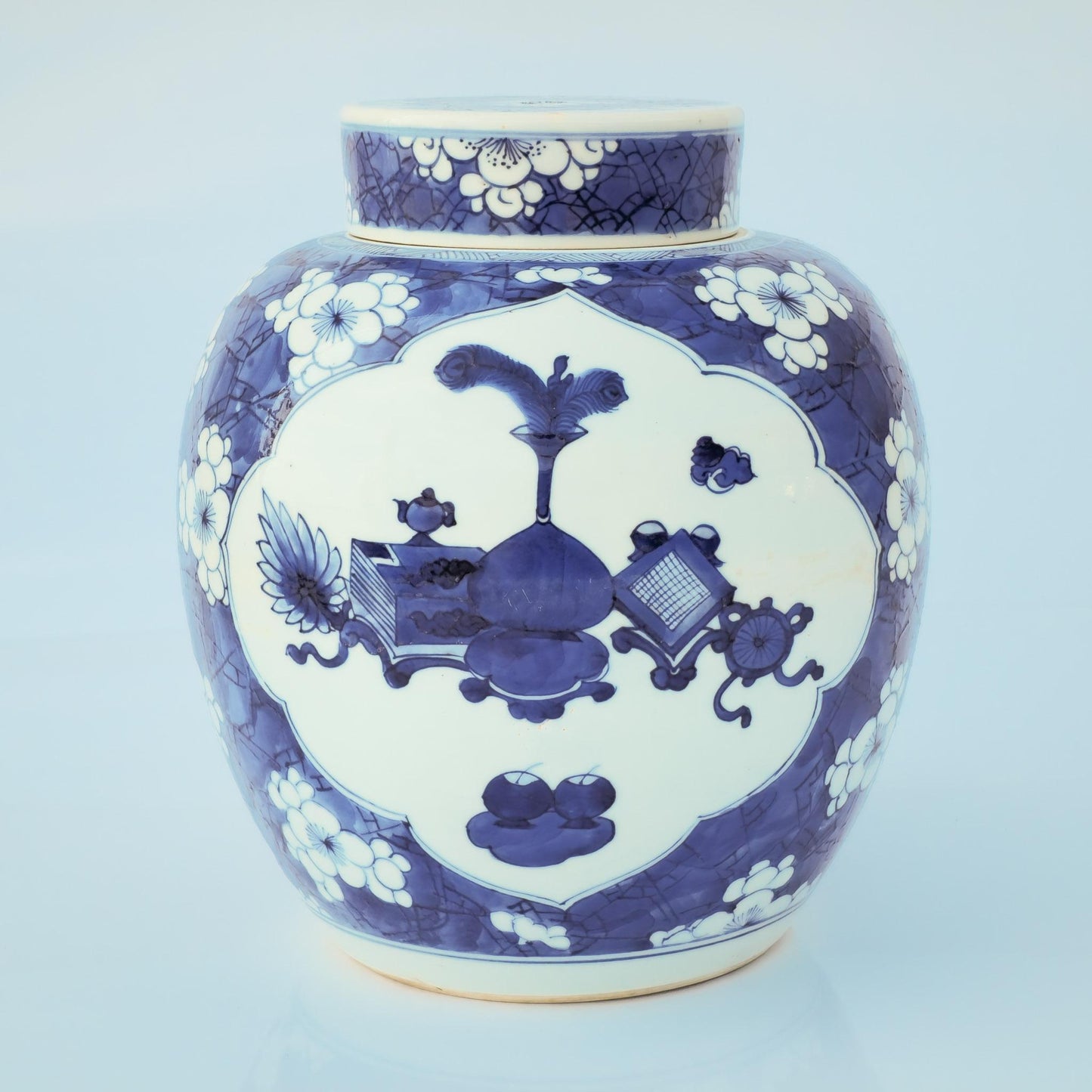 Chinese 18thC. Blue and White Ginger Jar Plum Blossoms Cracked Ice Pattern Kangxi Qing Mollaris.com 