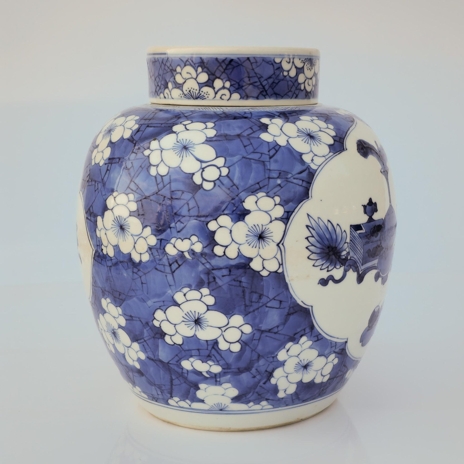 Chinese 18thC. Blue and White Ginger Jar Plum Blossoms Cracked Ice Pattern Kangxi Qing Mollaris.com 