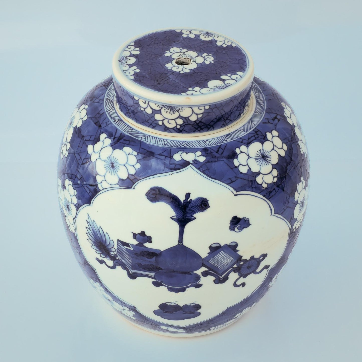 Chinese 18thC. Blue and White Ginger Jar Plum Blossoms Cracked Ice Pattern Kangxi Qing Mollaris.com 