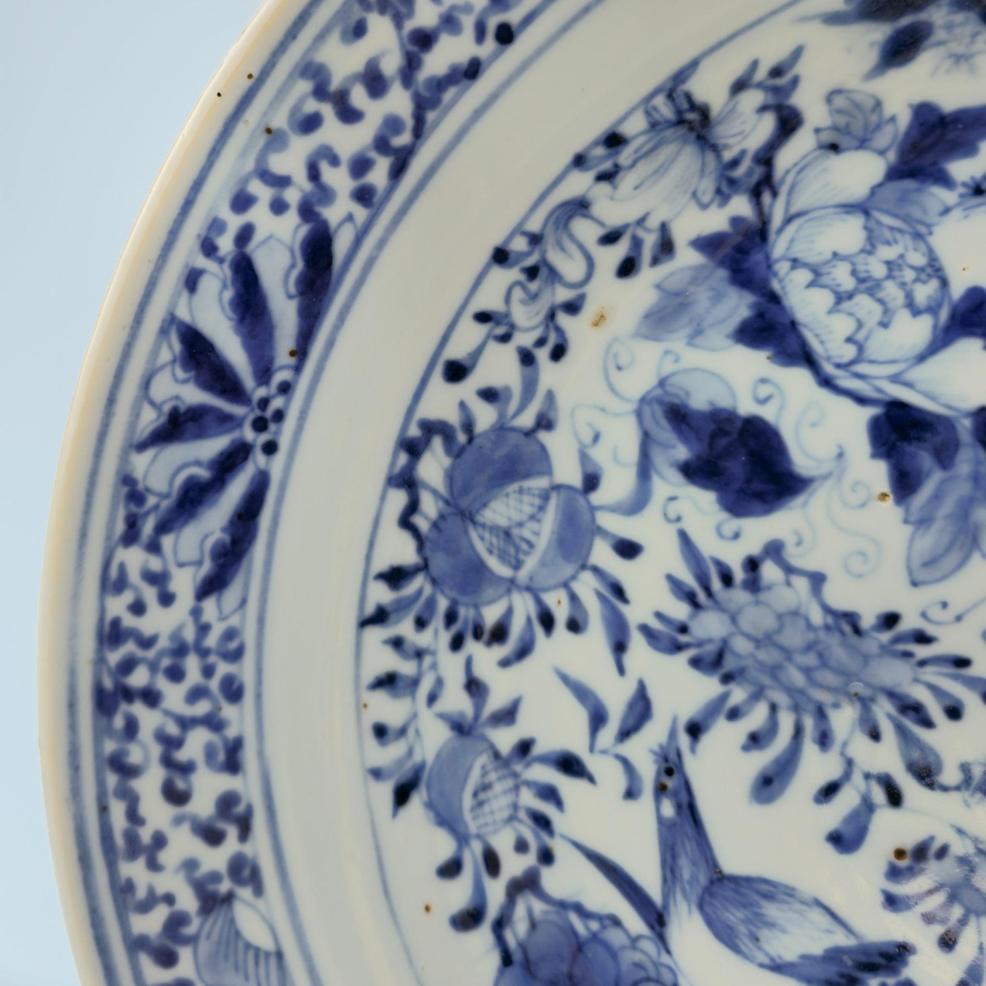Chinese 19thC. Blue and White Birds and Flowers Garden Scene Porcelain Charger / Dish Qing Mollaris.com 