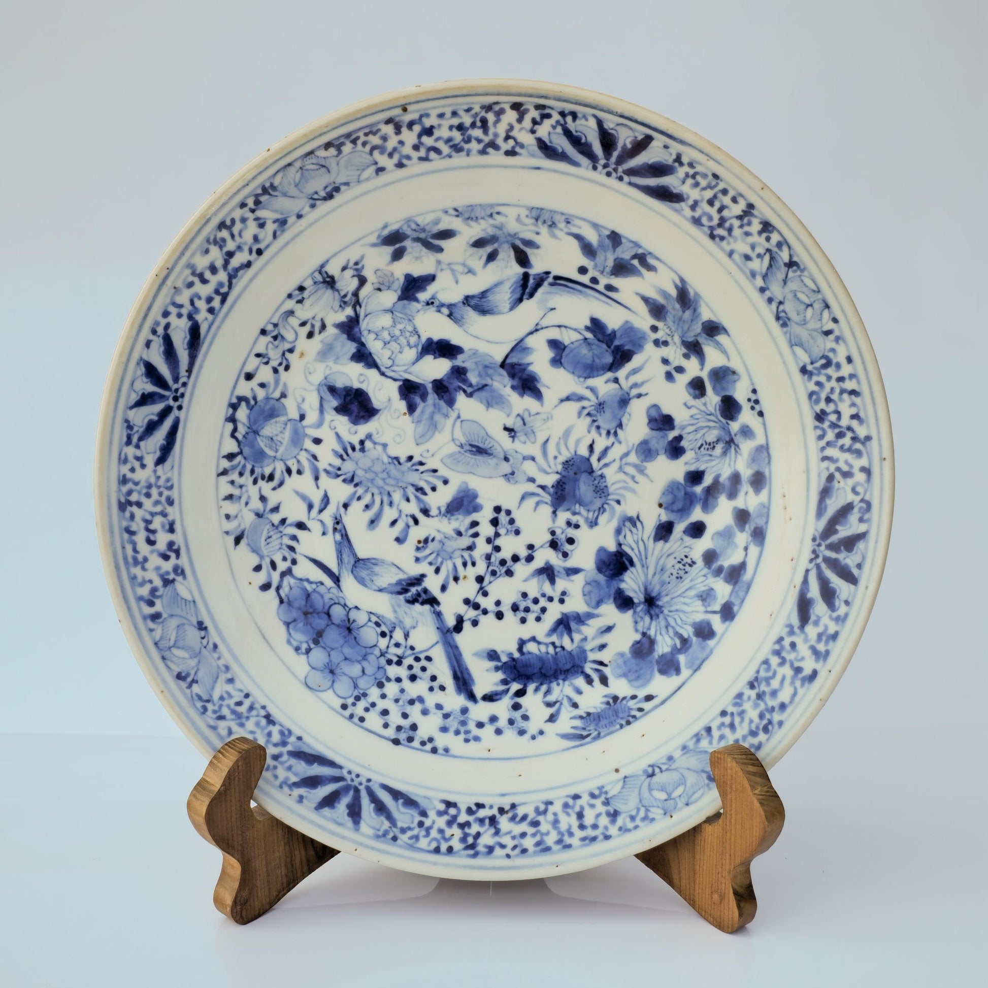 Chinese 19thC. Blue and White Birds and Flowers Garden Scene Porcelain Charger / Dish Qing Mollaris.com 