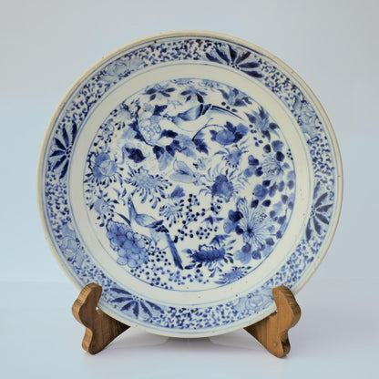 Chinese 19thC. Blue and White Birds and Flowers Garden Scene Porcelain Charger / Dish Qing Mollaris.com 