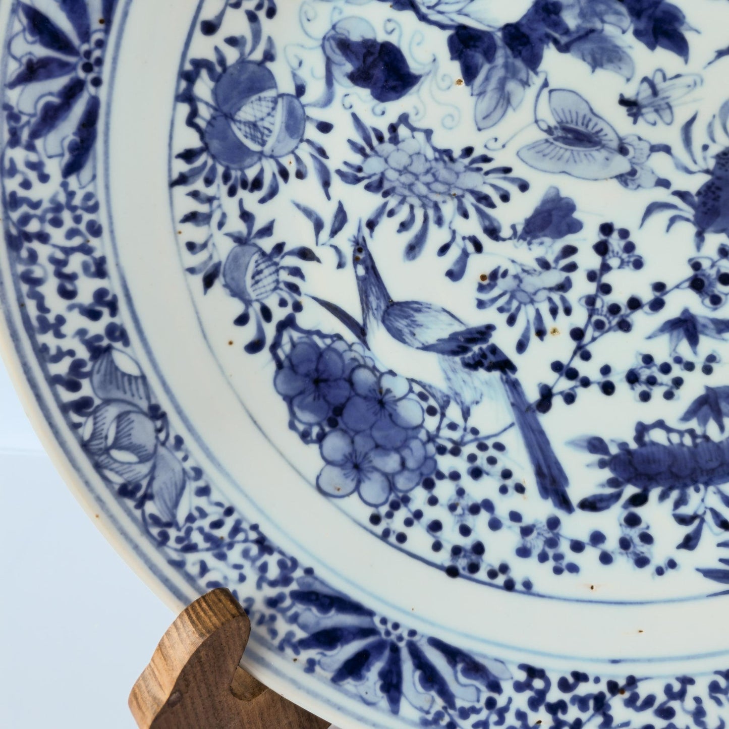 Chinese 19thC. Blue and White Birds and Flowers Garden Scene Porcelain Charger / Dish Qing Mollaris.com 