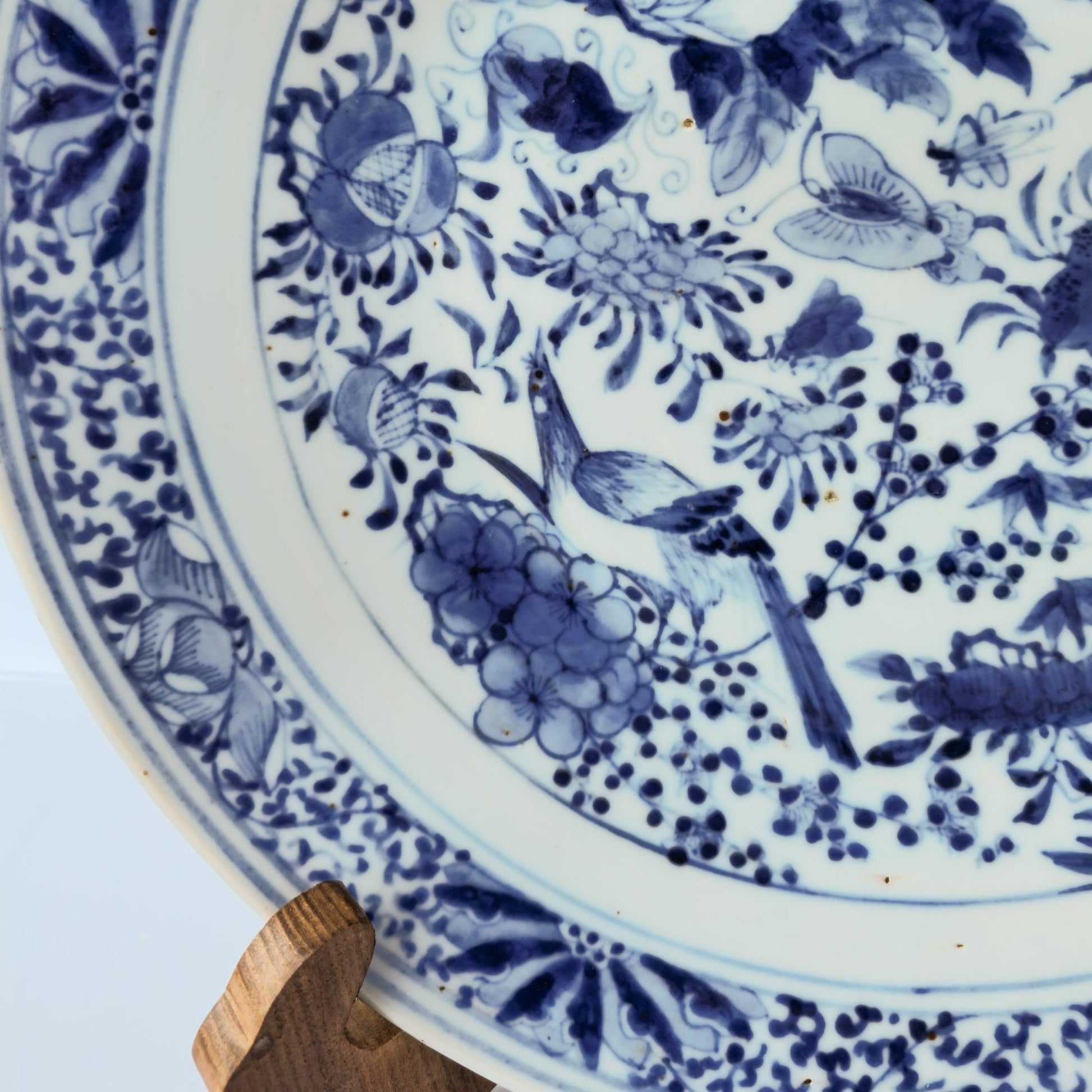 Chinese 19thC. Blue and White Birds and Flowers Garden Scene Porcelain Charger / Dish Qing Mollaris.com 