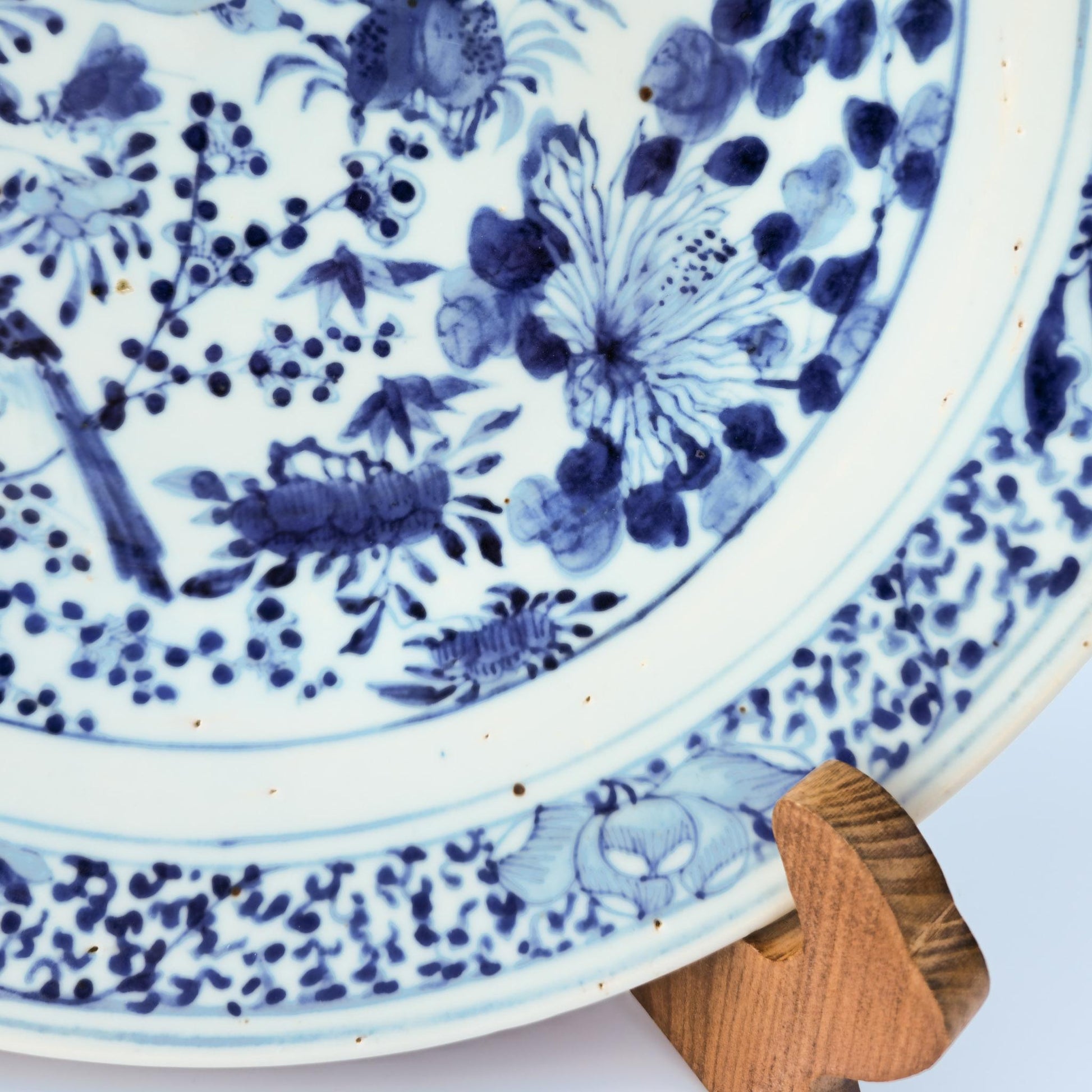 Chinese 19thC. Blue and White Birds and Flowers Garden Scene Porcelain Charger / Dish Qing Mollaris.com 